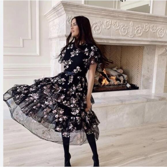 Rachel Parcell Women's Black Floral Embroidered Tiered Mesh Dress, Coquette | M - Picture 11 of 12